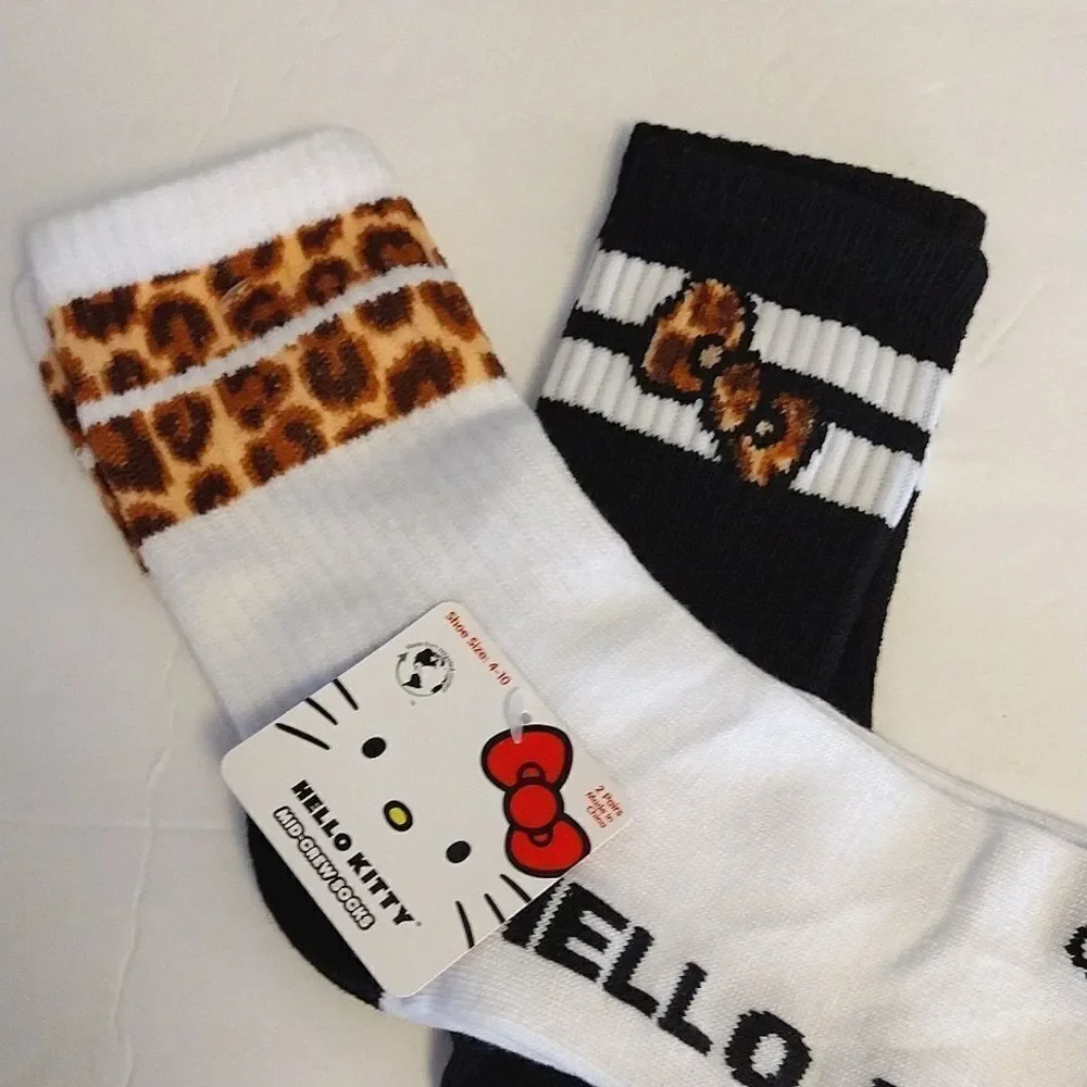 Hello Kitty Black White Cheetah Print‎ 2 Pairs Mid Crew Socks NWT